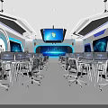 Futuristic High Tech Office Space With Large Digital Display Screen And Intelligent Control Console