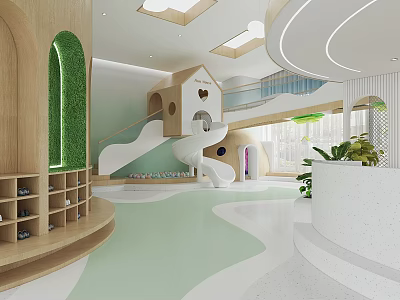 Bright Kindergarten Interior With Slide Wooden Shelves And Green Decor 3d model