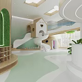 Bright Kindergarten Interior With Slide Wooden Shelves And Green Decor