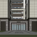 Modern Gray Multi story Building Front Entrance Featuring Glass Door Balconies Greenery And Steps