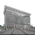 Modern Office Building Architectural Design With Glass Curtain Wall Plaza Trees And Evening Sky