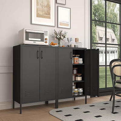 Restaurant Interior With Black Cabinet Microwave Flowers Fruits Open Door Jars And Window View 3d model
