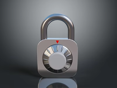 Silver Metallic Combination Padlock Featuring Circular Dial And Red Arrow Indicator 3d model
