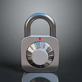 Silver Metallic Combination Padlock Featuring Circular Dial And Red Arrow Indicator 3d model
