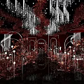 Luxurious Banquet Hall Interior With Crystal Chandeliers Red Floral Decor And Tables Chairs Setup