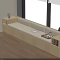 Modern Wooden Banquette Sofa With Storage By Window And Bookshelf With Table Lamp