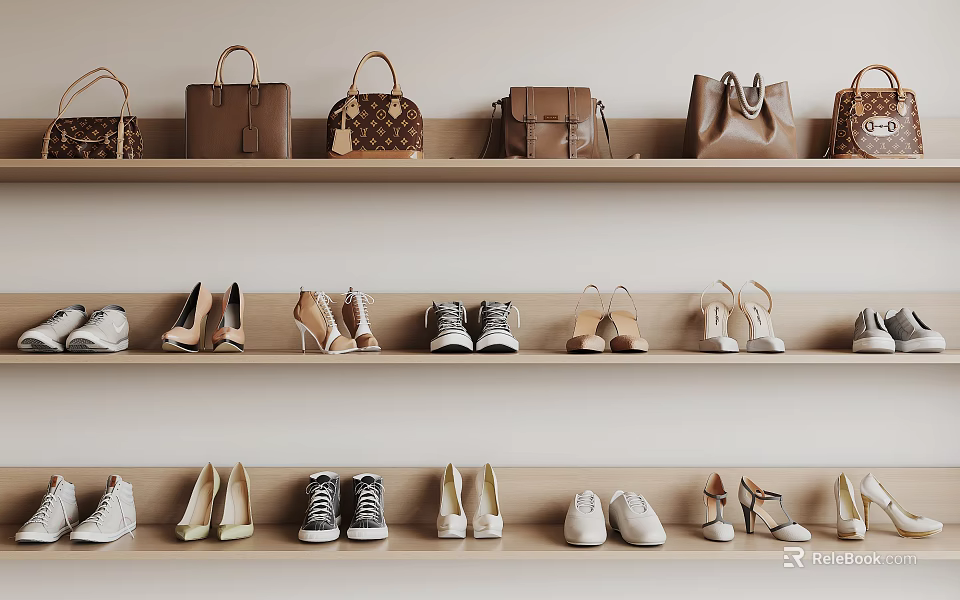 Various Shoes Display on Shelves Including High Heels Sneakers and Flat Shoes 3d model 