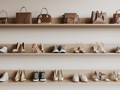Various Shoes Display on Shelves Including High Heels Sneakers and Flat Shoes 3d model