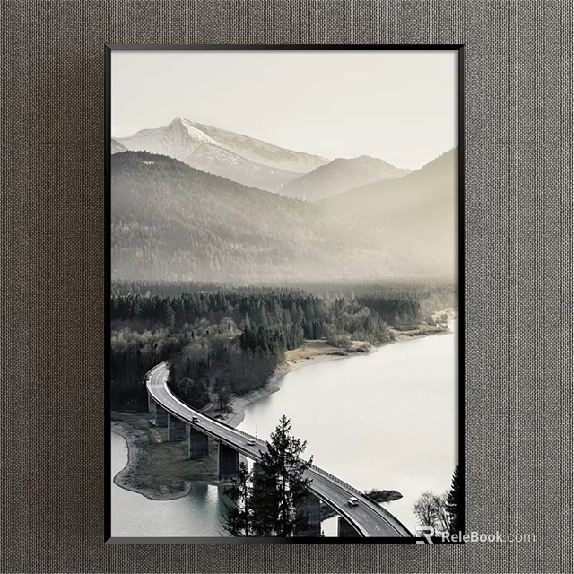 Scenic Morning Landscape Painting with Misty Mountains Forest Lake and Winding Road 3d model 