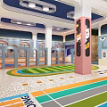 Modern Kindergarten Interior With Colorful Floor Curved Walls And Cartoon Rabbit Sculpture