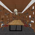 Wooden Panel Meeting Room Interior with Long Table Bookshelves and Pendant Lights