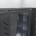 Black Server Rack With Glass Doors Internal Shelves And Wheels In Modern Data Center Room