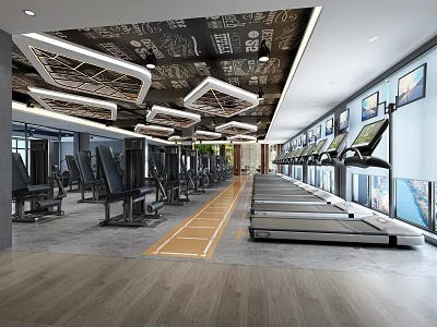 Modern Fitness Gym With Spacious Layout Various Exercise Machines Treadmills And Wall TV Screens 3d model