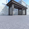 Modern Building Exterior Entrance Design With Glass Structure Metal Gate And Driveway