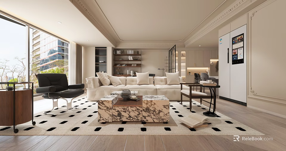 Modern Living Dining Room With White Sofa Marble Coffee Table Black And White Geometric Rug 3d model 