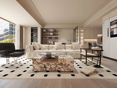 Modern Living Dining Room With White Sofa Marble Coffee Table Black And White Geometric Rug 3d model