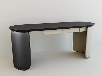 Modern Style Desk With Oval Black Top And Beige Curved Legs And Drawers 3d model