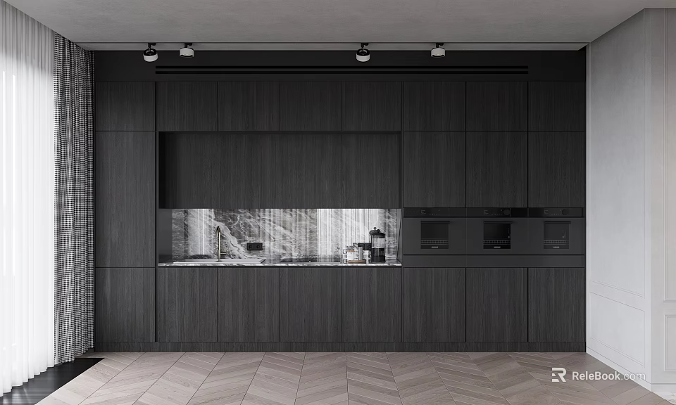 Modern Sleek Dark Wood Sideboard With Ceiling Spotlights And Marble Accent Wall 3d model 