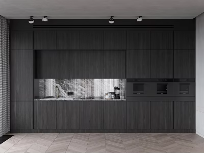 Modern Sleek Dark Wood Sideboard With Ceiling Spotlights And Marble Accent Wall 3d model
