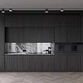 Modern Sleek Dark Wood Sideboard With Ceiling Spotlights And Marble Accent Wall