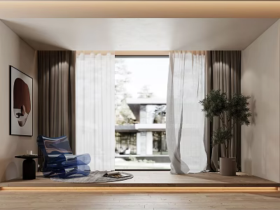 Sheer White Curtains in Modern Interior with Window View Blue Chair and Potted Plant 3d model