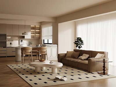 Modern Dining Living Room Interior Design With Beige Cabinets Bar Stools Brown Sofa Geometric Rug 3d model