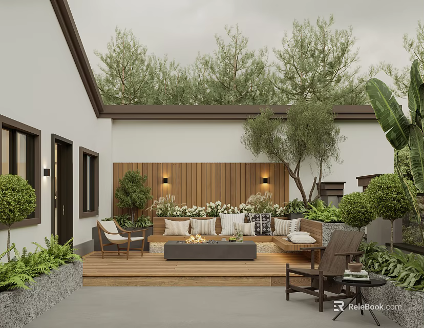 Cozy Rooftop Garden With Wooden Deck Sofa Cushions Fire Pit And Green Trees 3d model 