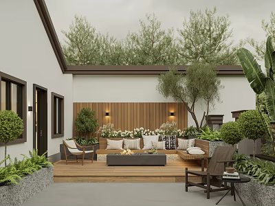 Cozy Rooftop Garden With Wooden Deck Sofa Cushions Fire Pit And Green Trees 3d model