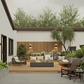 Cozy Rooftop Garden With Wooden Deck Sofa Cushions Fire Pit And Green Trees