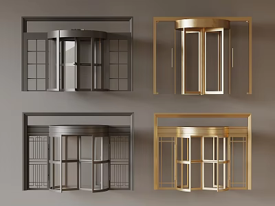 Stylish Gray And Gold Revolving Doors With Glass Panels And Metal Frames 3d model