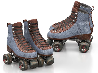 Vintage Blue And Brown Denim Roller Skates With Laces And Black Wheels 3d model