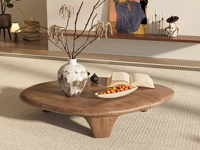 Oval Wooden Coffee Table With Unique Base Vase Dried Branches Open Book And Fruit Tray 3d model
