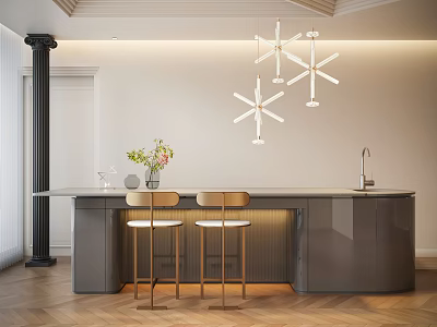 Modern Bar Counter Interior With Gray Cabinetry Pendant Lights And Golden Bar Stools 3d model