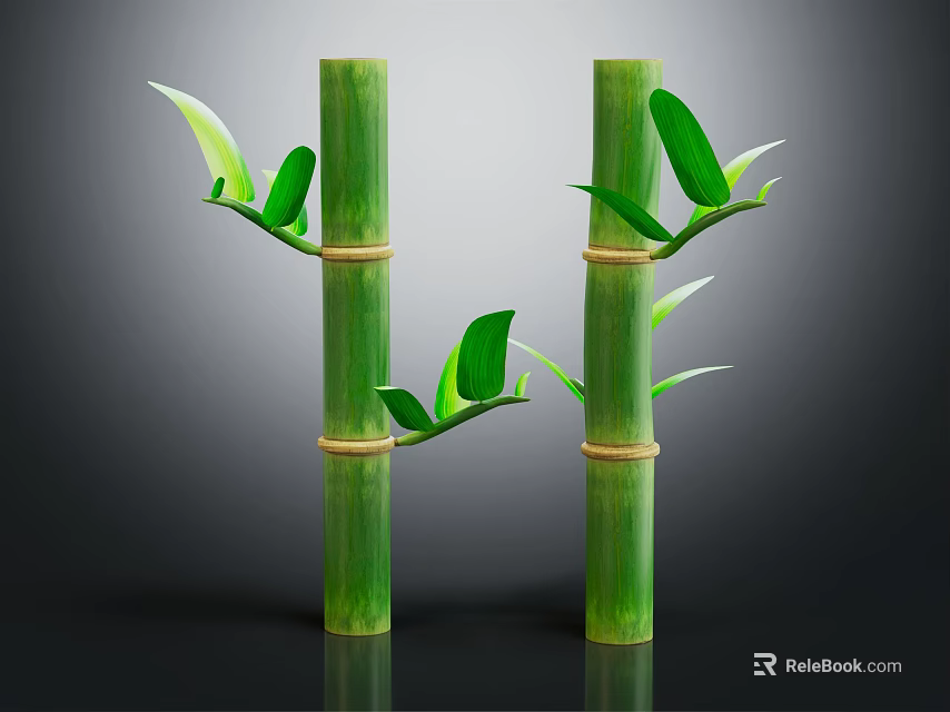 Green Bamboo Stems With Fresh Leaves And Nodes On Dark Background 3d model 