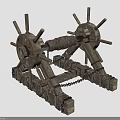 Medieval Wooden Siege Weapon With Spoked Wheels Chain Ropes And Wooden Frame