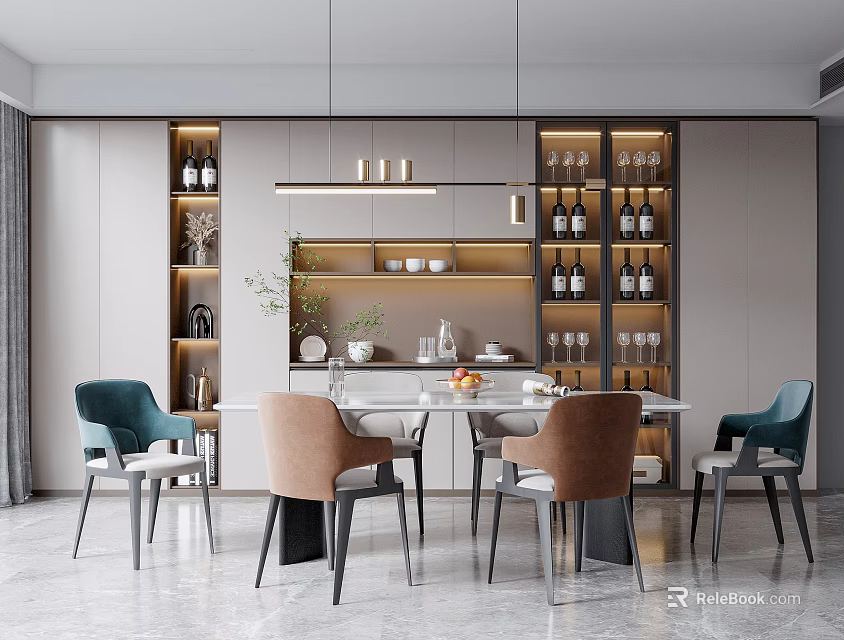 Elegant Modern Restaurant Interior With Dining Table Chairs Wine Cabinet And Pendant Lights 3d model 
