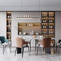 Elegant Modern Restaurant Interior With Dining Table Chairs Wine Cabinet And Pendant Lights