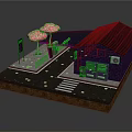 Cartoon Street Scene Featuring Purple Building Black Roof Pink Cherry Blossom Tree And Roadside Sign