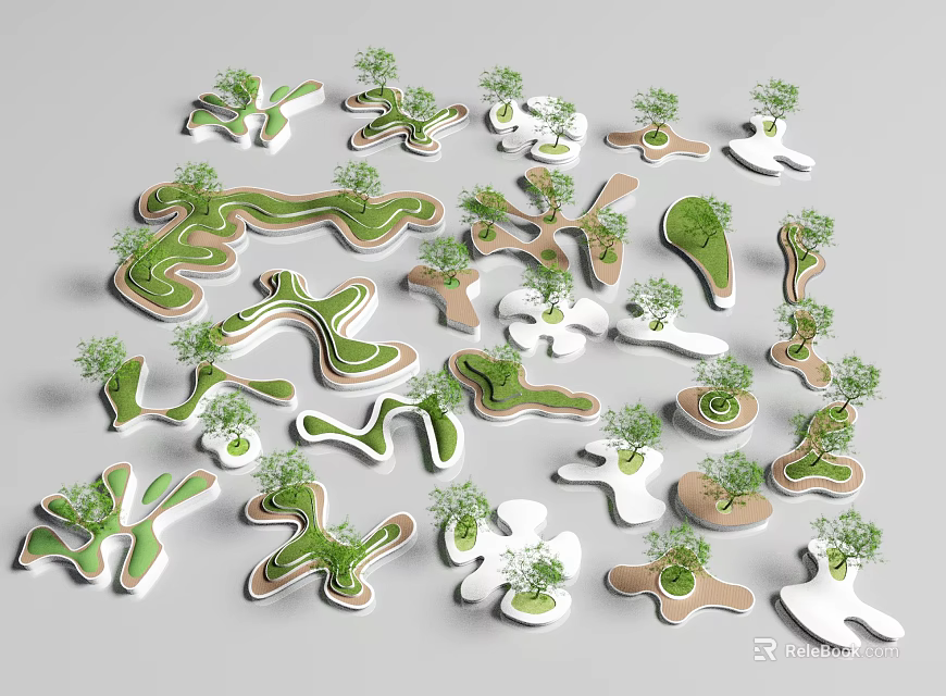 Modern Creative Tree Planter Designs With Various Shapes And Green Plants 3d model 