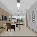 Modern Office Interior Design With Wooden Wall Desk Computer Window Plant And Paintings