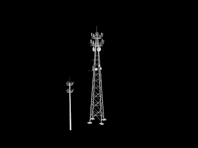 Tall Communication Tower With Multiple Antennas And Short Metal Pole Structure 3d model