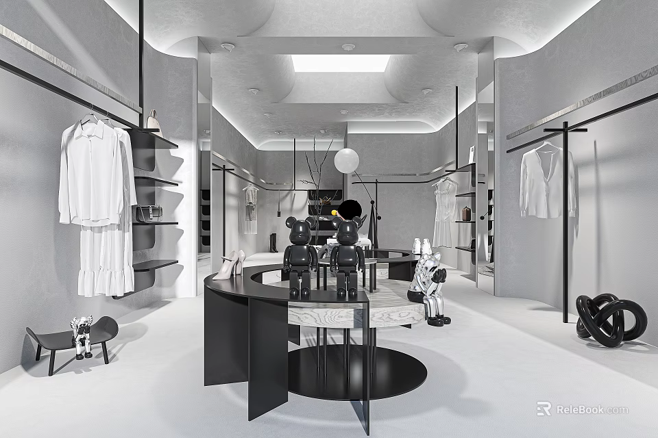 Modern Clothing Store Interior With White Garments And Black Counter Display Racks 3d model 