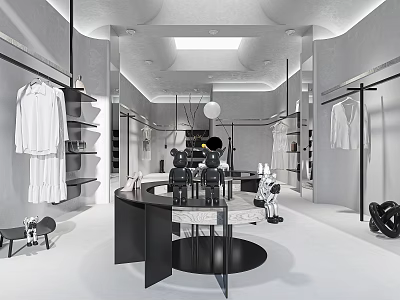 Modern Clothing Store Interior With White Garments And Black Counter Display Racks 3d model