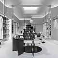 Modern Clothing Store Interior With White Garments And Black Counter Display Racks