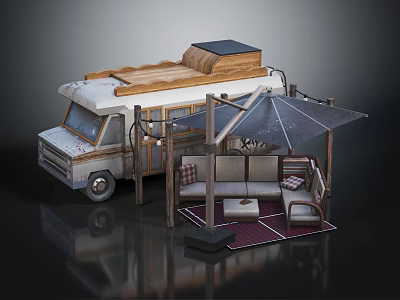 Camper Van With Wooden Roof Platform Shaded Umbrella And Outdoor Sofa Setup 3d model