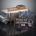 Camper Van With Wooden Roof Platform Shaded Umbrella And Outdoor Sofa Setup