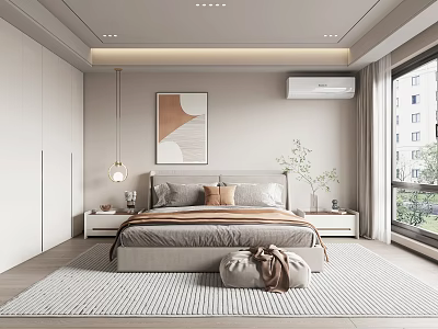 Modern Bedroom Interior Design With Bedside Painting Gray Bed White Wardrobe And Striped Rug 3d model
