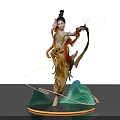 Traditional Chinese Dancer In Golden Costume With Glowing Ribbons And Green Mountain Decor