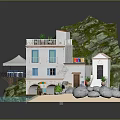 Coastal Cottage With Balcony Arched Entrance Mountain Beach View Plants Boat And Umbrella