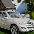 Stunning Mountain Lake Scenery With Silver SUV Roof Tent On Grassland